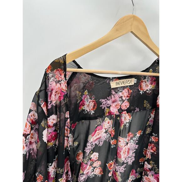 REVERSE Sweater Women SMALL Black Pink Floral Sheer Open Front Duster Kimono - Picture 4 of 7